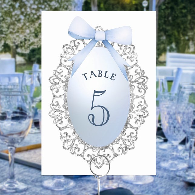 Numéro De Table Parties scintillant Argent Cadre Bleu Bow Numéro d (Créateur téléchargé)