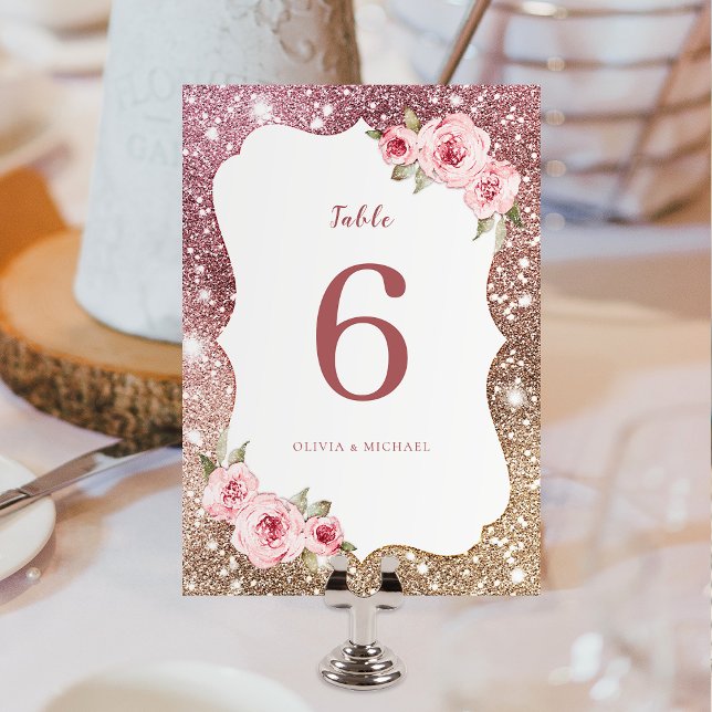 Numéro De Table Parties scintillant en or rose étincelante et Mari (Sparkle rose gold glitter and floral Wedding Table Number card)
