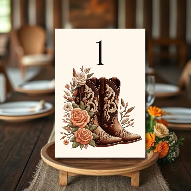 Numéro De Table Pays élégant moderne Occidental- Fleurs (Country Western-Flowers with Cowboy Boots-Wedding Table Numbers)