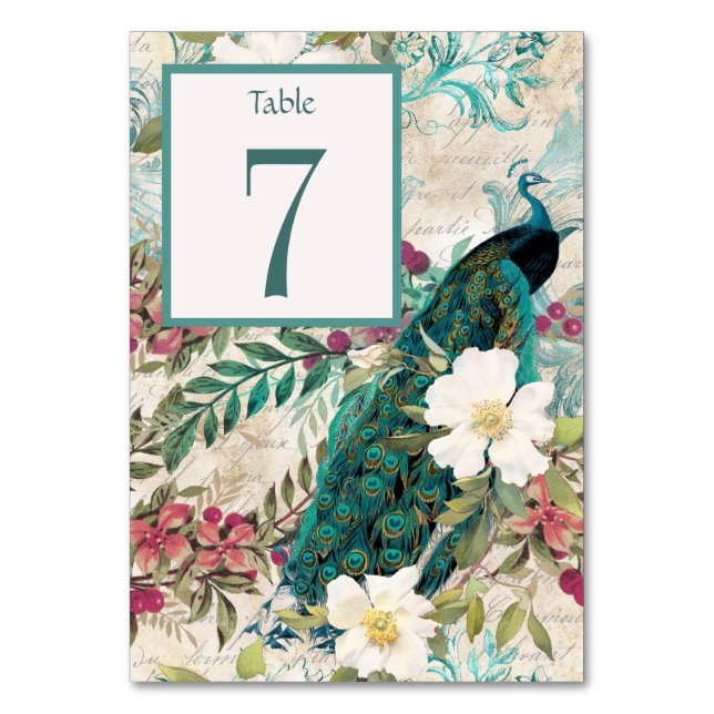 Numéro De Table Peacock et Fleurs Réception de mariage Turquoise (Par défaut)