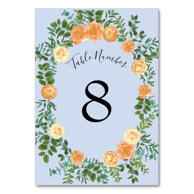 Numéro De Table Pêcher bleu clair Mariage Roses Floral (Dos)