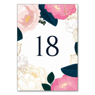Numéro De Table Peonies roses modernes Gold Foil Marine Blue Maria