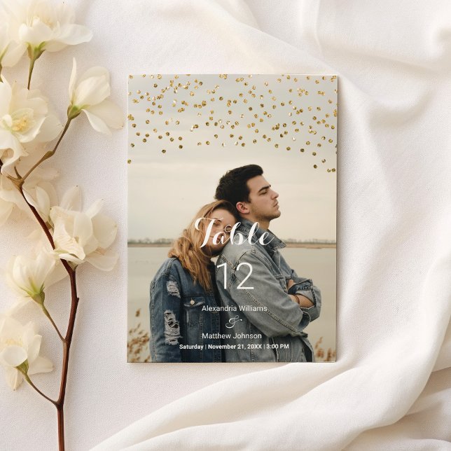 Numéro de table photo en confettis moderne chic bl (Modern chic white gold confetti Photo Table Number )