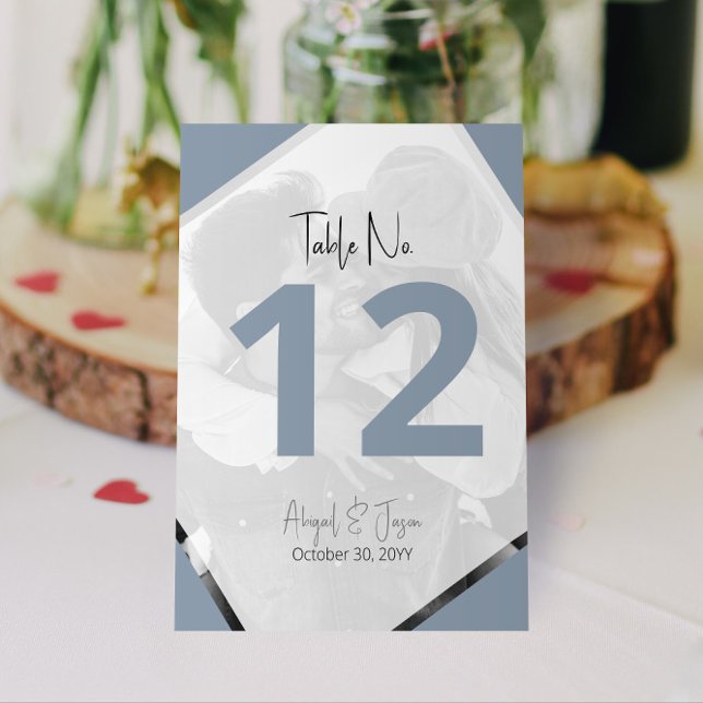 Numéro De Table Photo moderne Décontracté Dusty Blue Mariage (Dusty Blue Wedding Table Numbers with Photo | Personalize on Screen Now! )