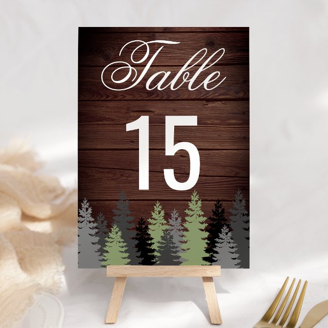 Numéro De Table Pine Trees Bois rustique Mariage d'hiver (Créateur téléchargé)