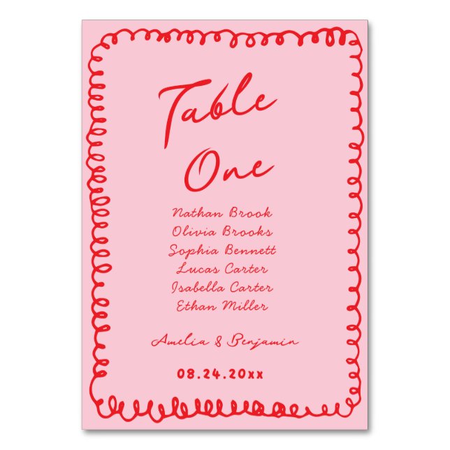 Numéro De Table pink and red hand drawn heart whimsical wedding (Par défaut)