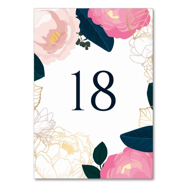 Numéro De Table Pivoines roses modernes avec feuille d'or et bleu  (Par défaut)