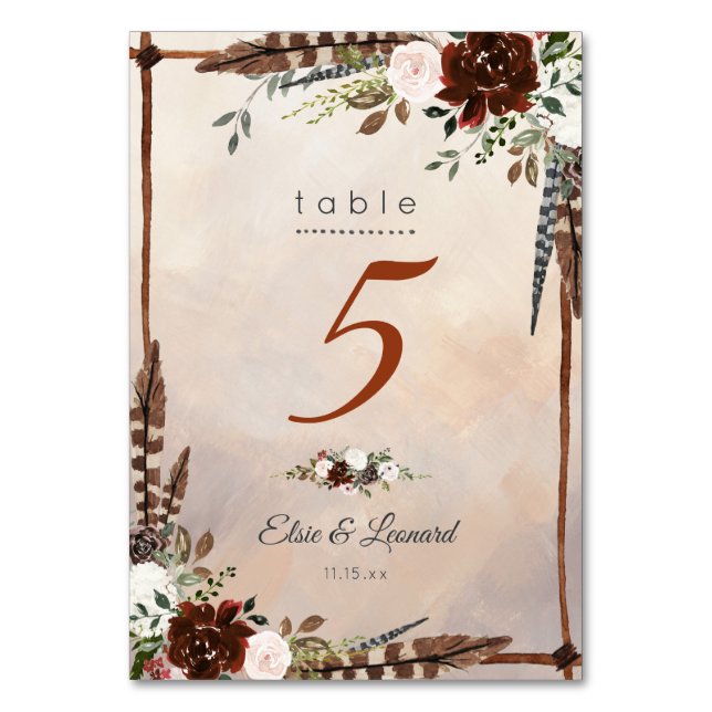 Numéro De Table Plumes rustiques de bois et fleurs florales (Par défaut)