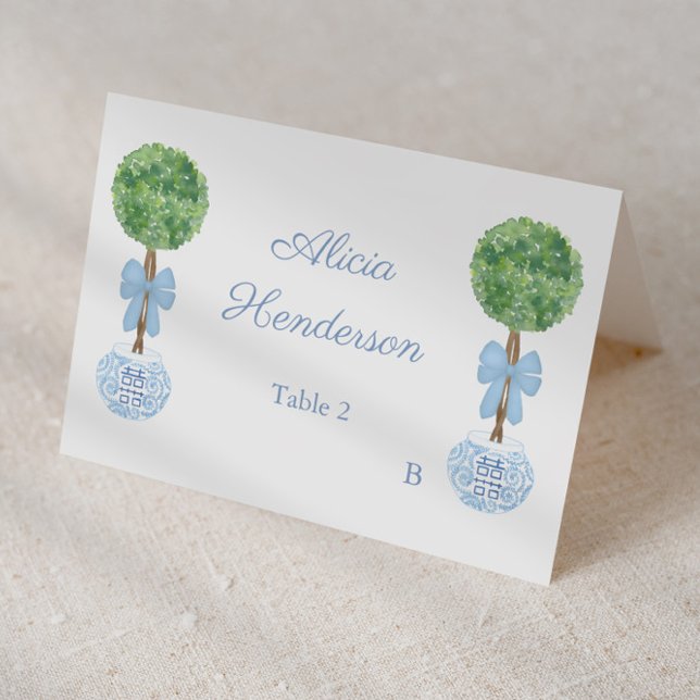 Numéro De Table Preppy Blue Bow Boxwood Individual Place Card (Elegant individual place card with watercolor boxwood topiary and pale blue bow with ginger jar )