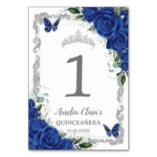 Numéro De Table Quinceañera Anniversaire Bleu Royal Floral Argenté