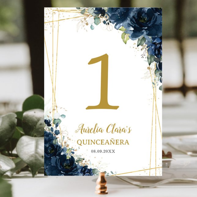 Numéro De Table Quinceañera Anniversaire Marine Bleu Floral Or (Créateur téléchargé)