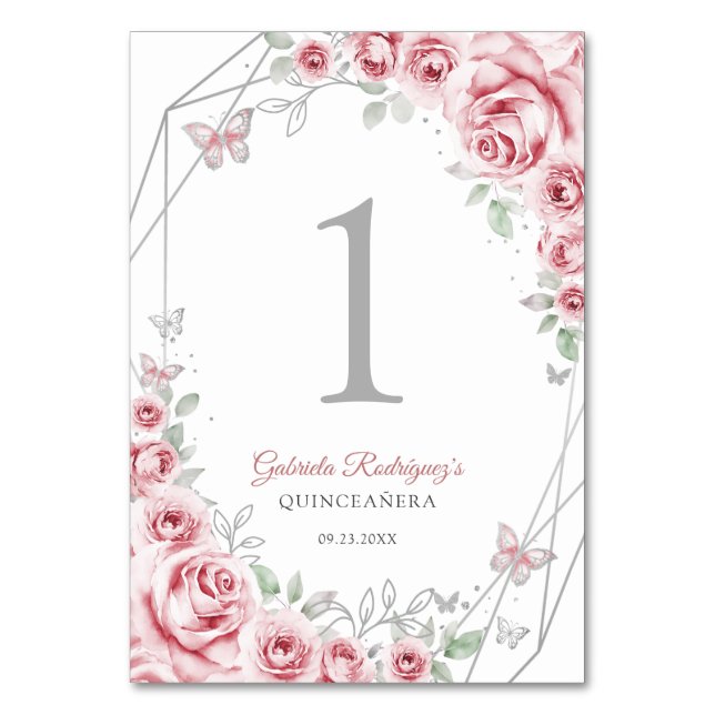 Numéro De Table Quinceanera Floral Argent Rose (Par défaut)