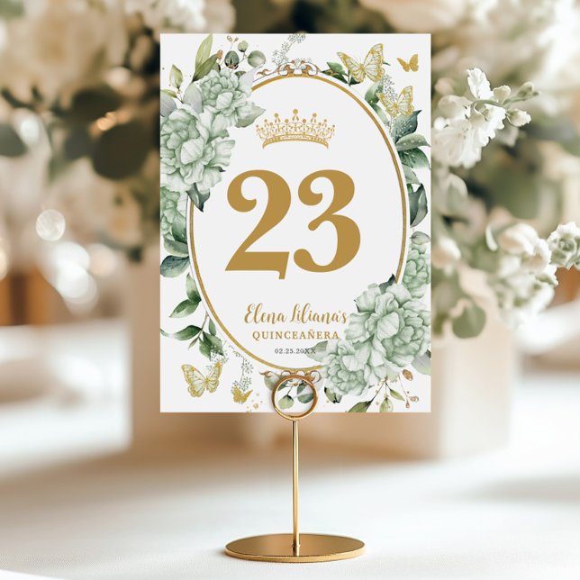 Numéro De Table Quinceanera Sweet 16 Sage Green Floral Papillons (Créateur téléchargé)