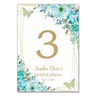 Numéro De Table Quinceañera Turquoise Blue Floral Gold Butterflies