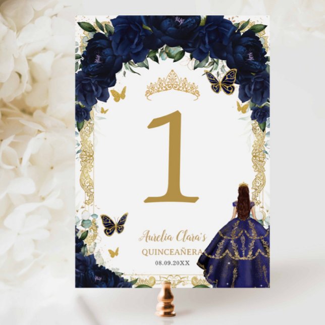 Numéro De Table Quinceañera XV Navy Blue Floral Gold Girl Dress  (Créateur téléchargé)