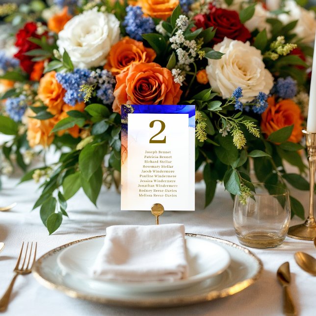 Numéro De Table Réception de mariage bleu saphir vibrant et or (Vibrant Sapphire Blue & Gold Wedding Reception Table Number.)