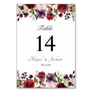 Numéro De Table Réception De Mariage Floral Burgundy Classique Siè