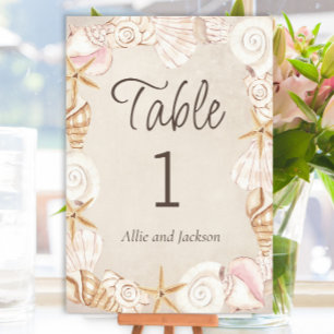 Numéro De Table Réception de mariage plage coquillages sable bord