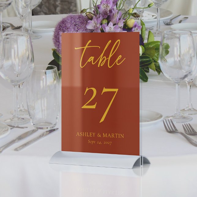 Numéro De Table Réception de mariage rustique en terre cuite et mo (Rustic Terracotta and Mustard Personalized Wedding Reception Table Number)