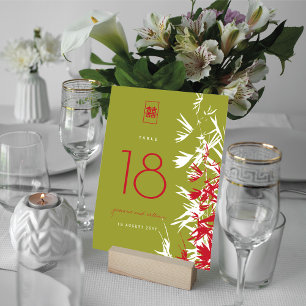 Numéro De Table Red & Jade Bamboo Feuille Mariage double bonheur