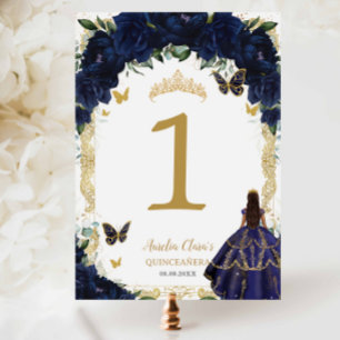 Numéro De Table Robes de fille Quinceanera XV Bleu marine Floral O