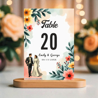 Numéro De Table Romantic Couple Watercolor Floral Summer Wedding
