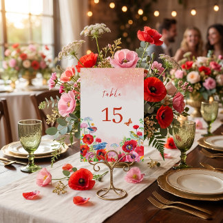 Numéro De Table Romantic Floral  Engagement Party Poppy Flowers 