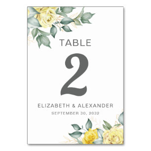 Numéro De Table Rose jaune aquarelle florale romantique mariage