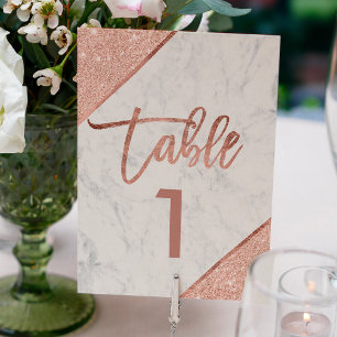 Numéro De Table Rose or parties scintillant script blanc marbre nu
