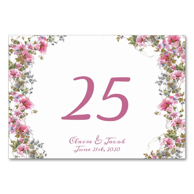 Numéro De Table Rose romantique florale aquarelle script (Devant)