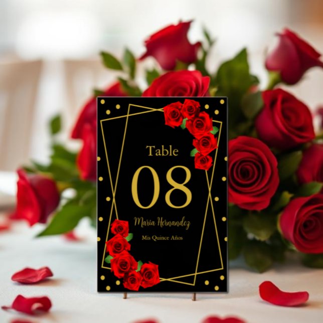 Numéro De Table Rose rouge Noir et or Quinceañera (Créateur téléchargé)