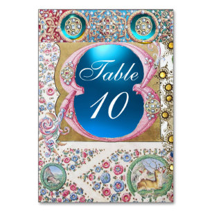 NUMÉRO DE TABLE ROSES ANCIENS, FLEURS ROSES, PIERRES BLEUES, PERLE