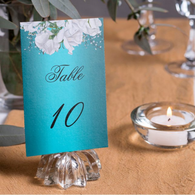 Numéro De Table Roses blanches et élégant mariage aqua (Créateur téléchargé)