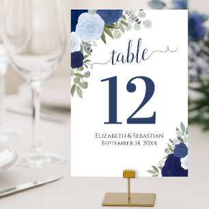 Numéro De Table Roses d'aquarelle Elegant Indigo Blue Mariage