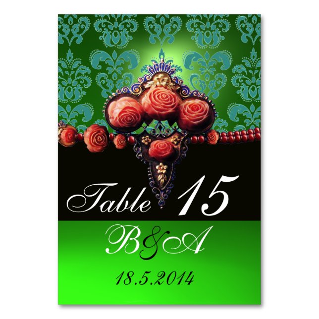 NUMÉRO DE TABLE ROSES DE CORAIL ROUGE, NOIR BLEU VERT DAMASK MONOG (Dos)