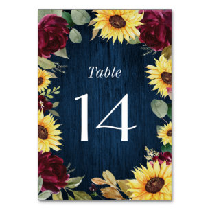 Numéro De Table Roses de tournesol Bourgogne Rouge et Mariage bleu