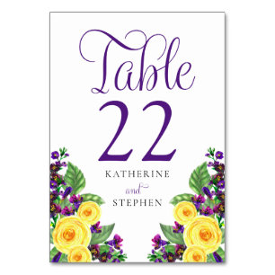 Numéro De Table Roses jaunes   Violets Boho Floral Mariage