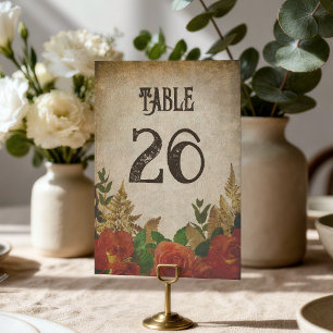 Numéro De Table Roses Rouges Fougère Dorée Mariage Vintage