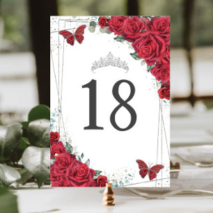 Numéro De Table Roses rouges vibrantes Papillons argentés Annivers