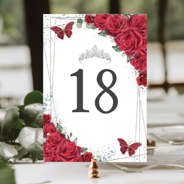 Numéro De Table Roses rouges vibrantes Papillons argentés Annivers (Créateur téléchargé)