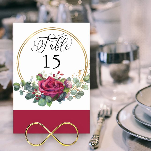 Numéro De Table Rouge Rose et Eucalyptus Gold Frame (Elegant Table Number set in a gold frame with red rose floral arrangement )