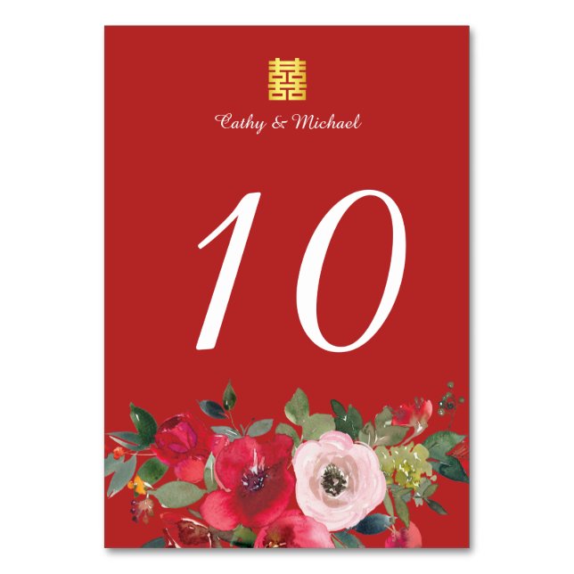 Numéro De Table Rouge rose floral moderne mariage double bonheur (Par défaut)