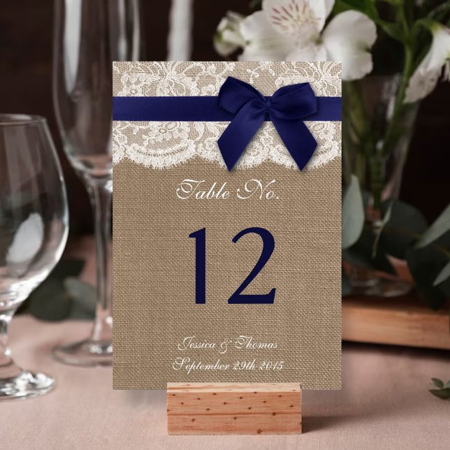 Numéro De Table Ruban de la Marine sur Burlap & Mariage de dentell (Créateur téléchargé)