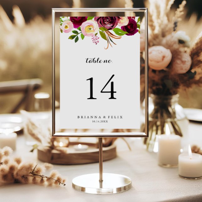 Numéro De Table Russe Blush Bourgogne Floral Mariage de calligraph (Créateur téléchargé)