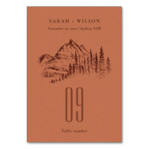 Numéro De Table Rust Orange Pine Woods Mountain Sketch Mariage