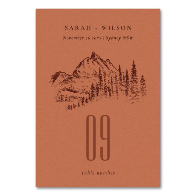 Numéro De Table Rust Orange Pine Woods Mountain Sketch Mariage (Par défaut)