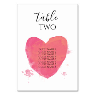 Numéro De Table Rustic Watercolor Heart Mariage Nom de l'invité