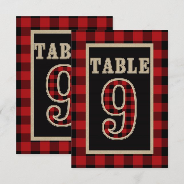 Numéro de table rustique à carreaux rouge et noir  (Devant / Derrière)