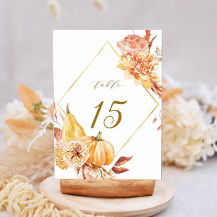 Numéro De Table Rustique Automne Floral Citrouille Mariage Gold Sc
