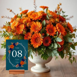 Numéro De Table Rustique Automne Orange Navy Bleu Floral Mariage